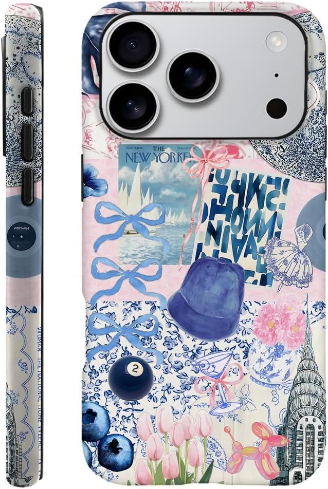 Case Compatible with iPhone 17 Pro,Scratch Resistant Hybrid 2-Layer Hard Shell Phone Case,Ball Blue Bow Flower Collage Aesthetic