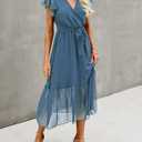 BTFBM Women Summer Bohemian Floral Casual Wrap V Neck Ruffle Cap Sleeveless Belt A-Line Pleated Hem Midi Sun Dress White (Blue, M)