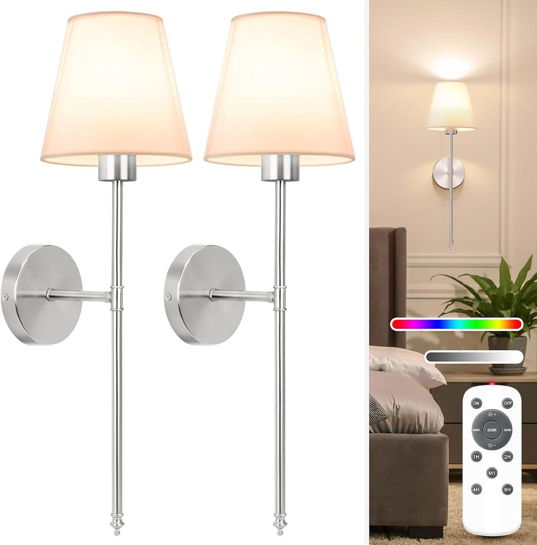 NIORSUN Battery Operated Wall Sconce Set of 2,Brushed Nickel Rechargeable Wall Lights with 5200mAh Dimmable Detachable Bulbs and Remote, 10 Colors Wireless Sconces for Bedroom Living Room Hallway