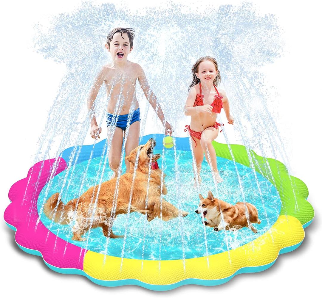 Raxurt Dog Splash Pad, 67in Anti-Slip Dog Pool Splash Pad for Dogs Kids 0.55mm Thickened Durable Bath Pool Pet Summer Outdoor Water Toys Backyard Fountain Play Mat, Colorful