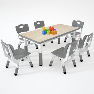Kids Study Table and 6 Chairs Set,Height Adjustable Table and Chairs for Children and Toddlers,47.2"X23.6"Graffiti Desktop,Suitable for Daycare,Classrooms, Home (Grey)