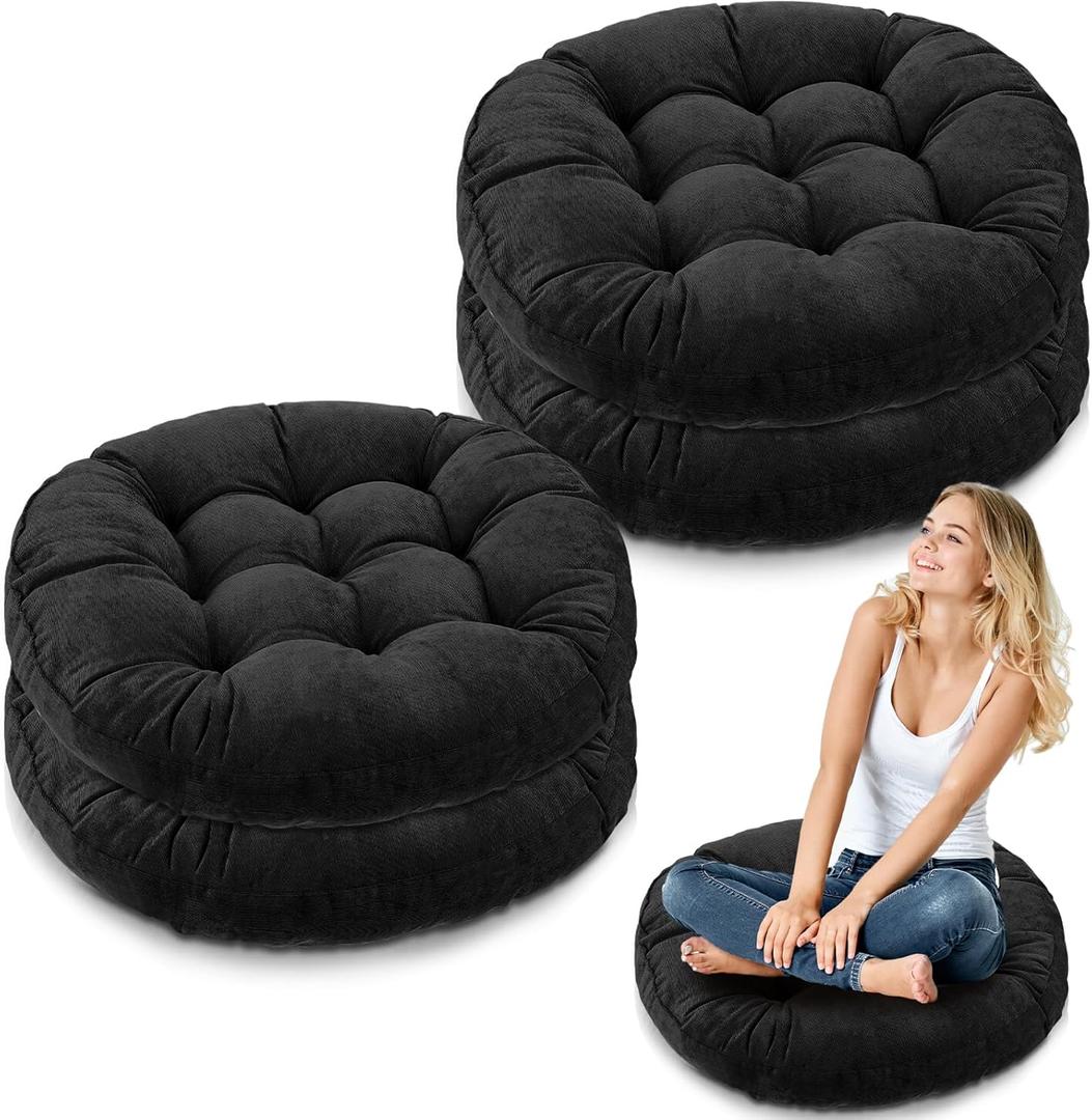 Jerify 4 Pcs Floor Pillow Cushions 22 x 22 Inch Round Square Large Meditation Floor Pillow for Classroom Adult Meditation Picnic Party Cushion for Seating Gift Christmas (Black, Round)