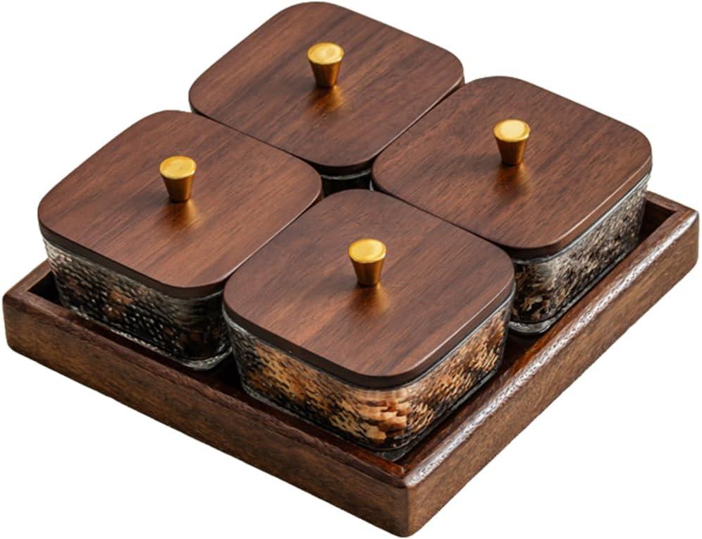 Square Glass Snackle Box Container Snack Organizer and Fruit Platter with Walnut Wooden Lids and Tray Divided Serving Tray for Nuts Candy Fruits (4 Jars)