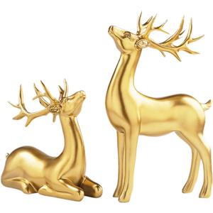 2 Pcs Gold Reindeer Sculpture Set  Premium Resin Elk Figurines for Christmas Dcor, Ideal for Living Room, Office, Bedroom, Shelf Display, Festive Holiday Decoration for Christmas(Golden)