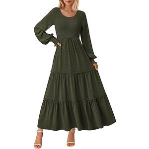 PRETTYGARDEN Women's Smocked Maxi Dress 2025 Fall Casual Long Sleeve Swiss Dot Ruffle Long Flowy Wedding Guest Dresses (Solid Army Green, Medium)