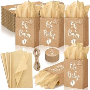 Saypacck 50 Pack Rustic Kraft Baby Shower Gifts Bag with Tissue Papers Baby Shower Paper Bags with Handle and 50 Tissue Tags Twine for Guests Gifts Gender Reveal Favors