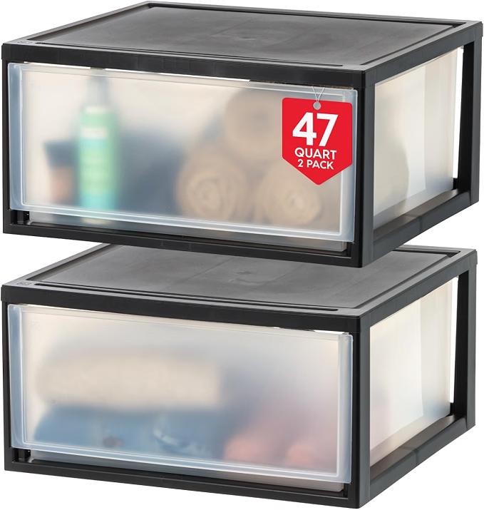 IRIS USA 2-Pack, 47 Qt. Extra Large Stacking Drawer Organizer, Black