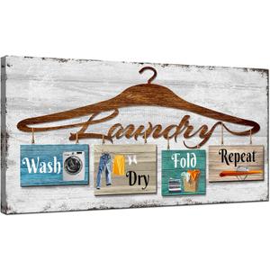 Biuteawal Vintage Laundry Room Wall Art Decor Farmhouse Signs Fold Dry Repeat Picture Painting Rustic Artwork Decorative Home Bathroom Framed