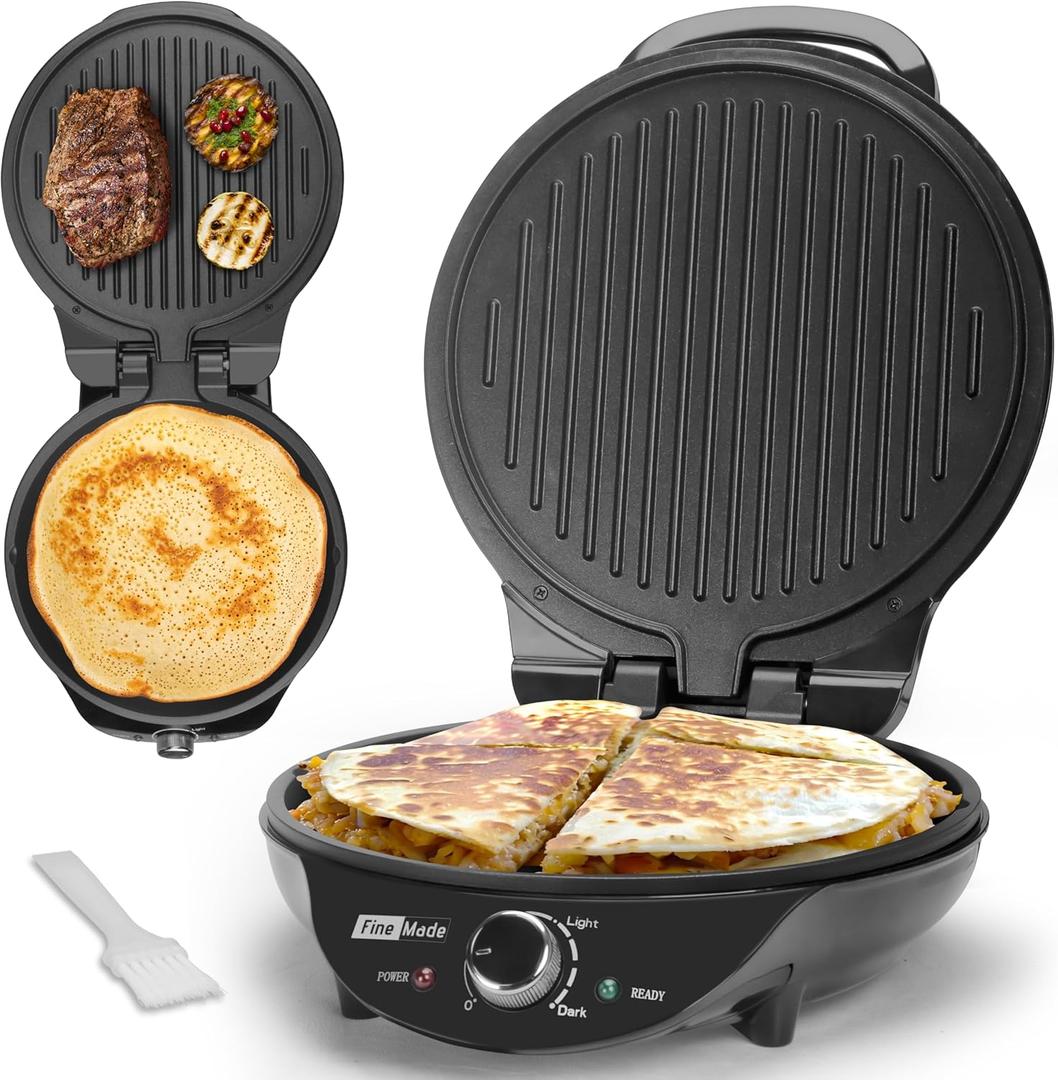 FineMade Electric Griddle Nonstick, Multi-Funtional Quesadilla Maker 10 Inch, Electric Grill Indoor, Pancake Griddle & Pan, Smokeless Indoor Grill, Non-stick Surface, Black