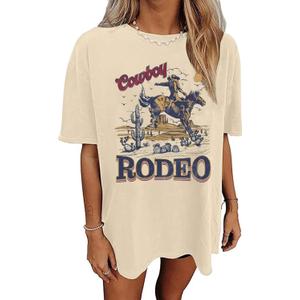 Women's Western Cowboy Shirts Vintage Rodeo Graphic Oversized Tops Country Music Tees Short Sleeve Cowgirl T-Shirt