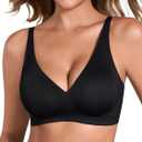 EYNMIN Sameless Wireless Bras for Women No Underwire V Neck Push Up Jelly Bra Supportive Full Coverage Comfortable Bra (Black, XL)