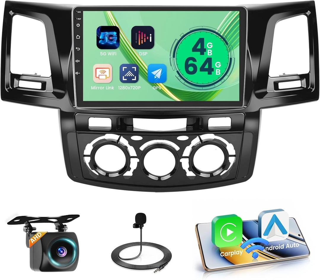 [8 Core 4+64GB] Hikity Wireless Carplay Stereo for 2005-2014 Toyota Fortuner Hilux Android Radio, 9'' Touch Screen Hilux Car Stereo, Android Auto, 32EQ DSP, WiFi, GPS, SWC, Mic, Backup Cam