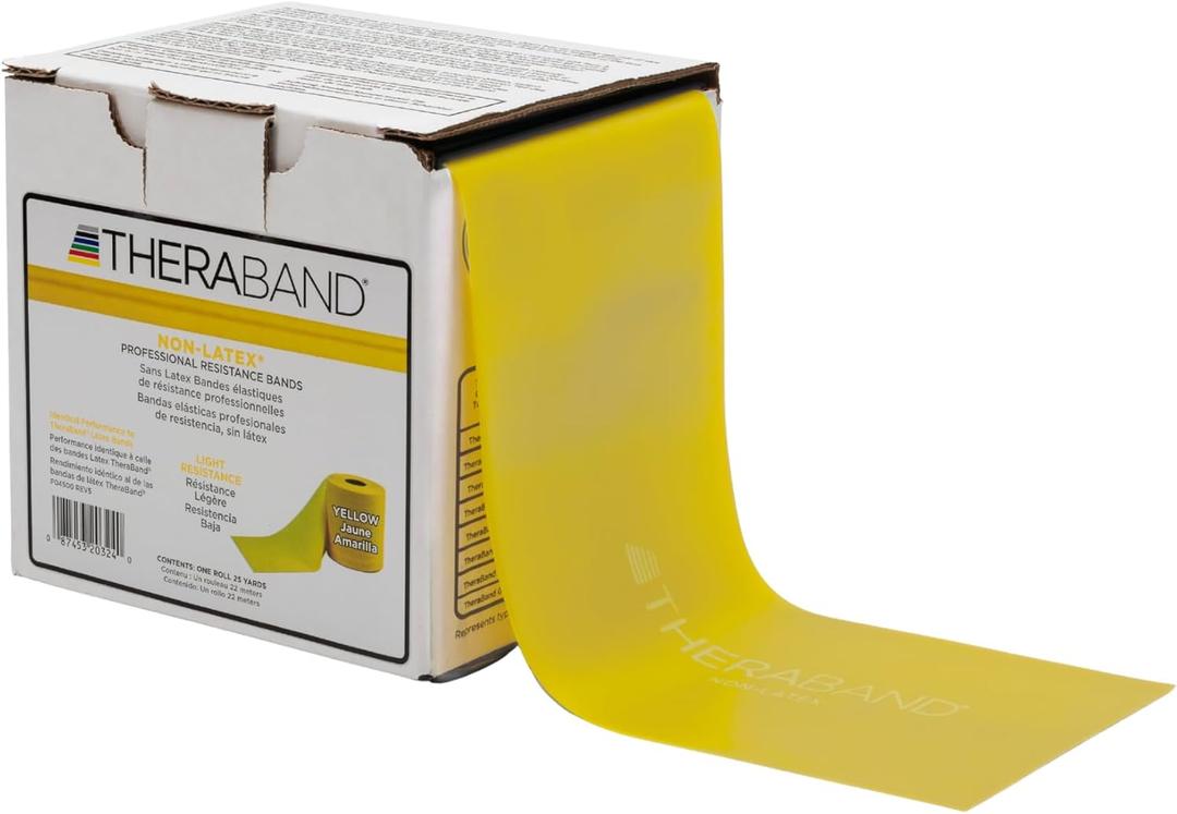 THERABAND Resistance Band 25 Yard Roll, Non-Latex Professional Elastic Stretch Bands for Upper & Lower Body Exercise Workouts, Physical Therapy, Lower Pilates, Flexibility, & Rehab, Dispenser Box (Yellow - Thin)