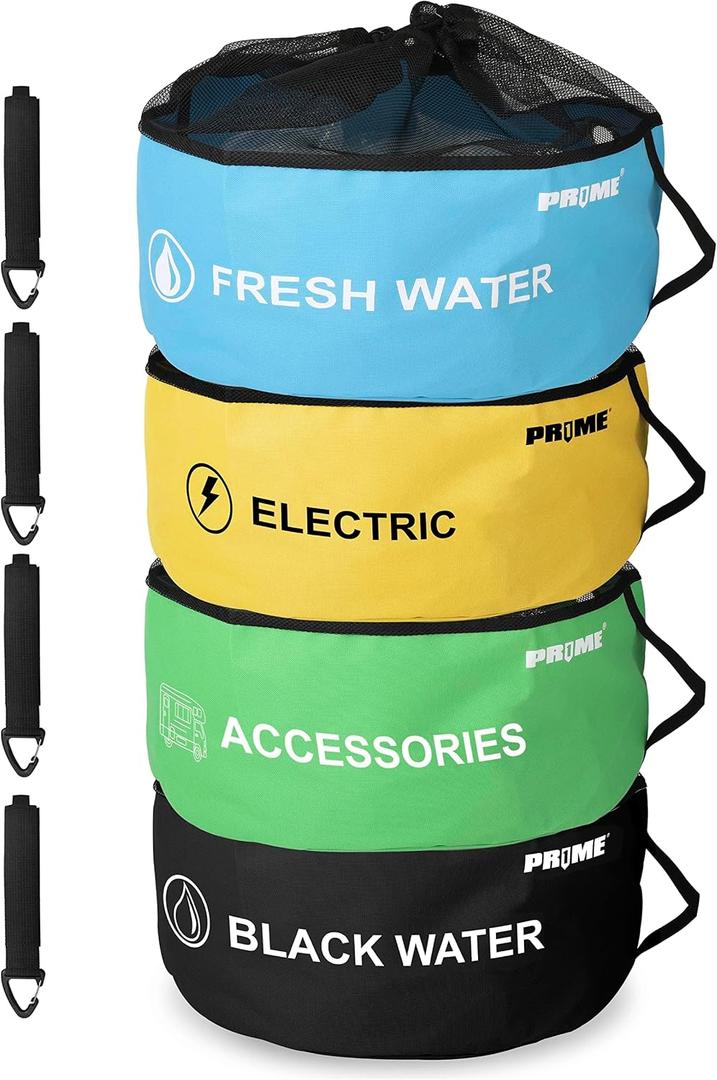 PR1ME 4 Pack Waterproof RV Hose Bag Storage, Utility Bag for Sewer Hose, Camper and RV Accessories, 4 Colors for Sewer and Fresh Water Hoses, Electrical Cords, Camper Tools Accessories, Drawstring Style