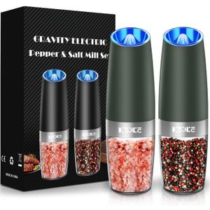 Gravity Electric Pepper and Salt Grinder Set, Adjustable Coarseness, Battery Powered with LED Light, One Hand Automatic Operation, Dark Green - 2 Pack