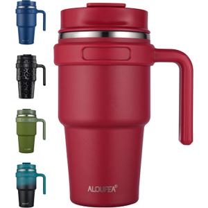 ALOUFEA 20 oz Insulated Coffee Mug Tumbler with Handle, Stainless Steel Travel Mug Tumbler with Lid and Straw, Double Wall Vacuum Leak Proof Ice Coffee Thermal Cup, Red