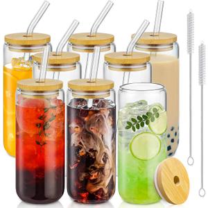 20 Oz Drinking Glasses with Bamboo Lids and Glass Straw - 8 Pcs Glass Cups Beer Ice Coffee Glasses Cute Aesthetic Cup Great for Coffee Bar Accessories Include 2 Cleaning Brushes