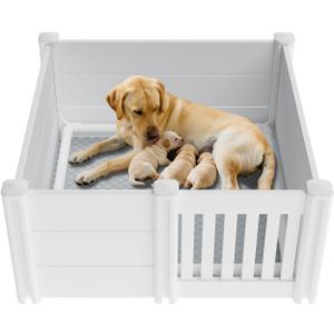 Whelping Box for Dogs, Puppies,48x48x18in,with Pig Rails Washable Pad,Suitable for Small Medium Large Breeds, White,Whelping Supplies