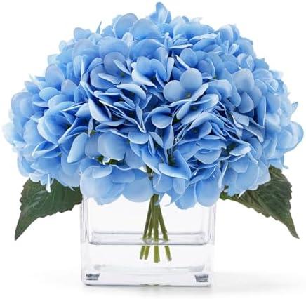JOJOWOO Blue Hydrangea Flowers in Vase, Silk Flowers in Vase with Faux Water for Home Decor Indoor, Wedding Table (Blue)