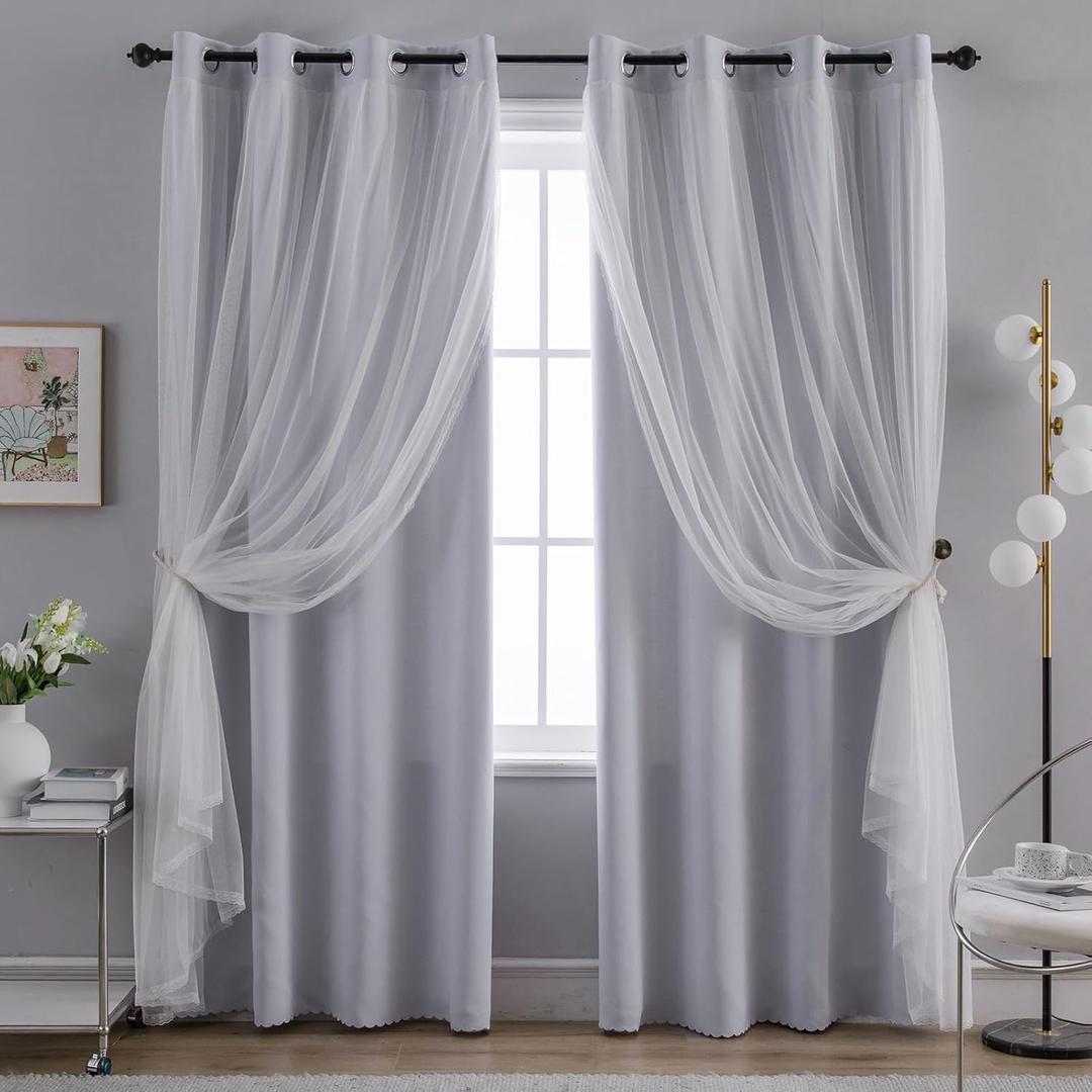 Anytime Home Curtains Blackout and Sheer Layered Solid Window Curtain Panel Pair with Grommet Top, 52Wx63L, Greyish White