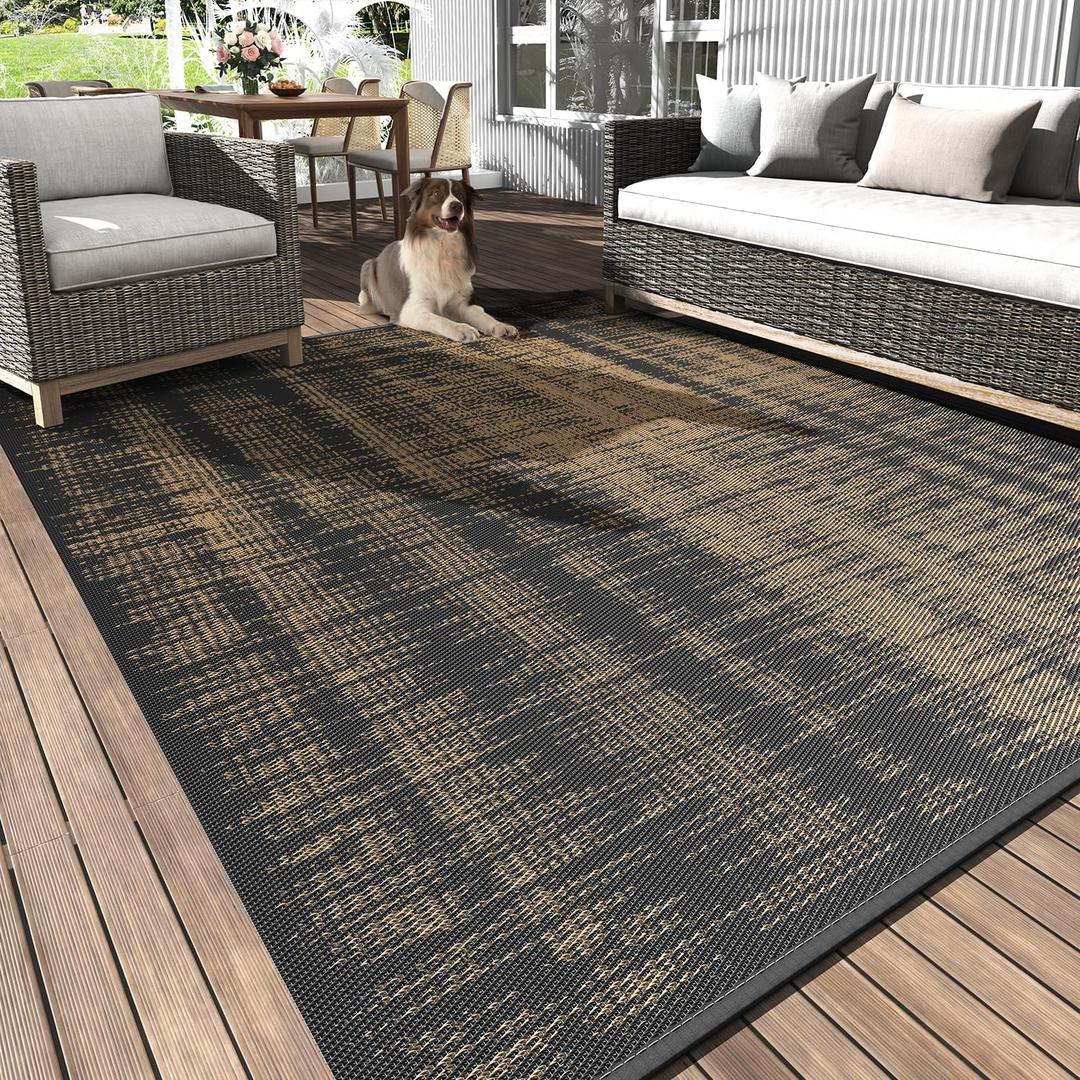 MontVoo Outdoor Rug Waterproof 5x8 ft Outdoor Carpet Patio Rug Mat Reversible RV Camping Rug Plastic Straw Outside Rug for Balcony Porch Deck Picnic Beach Modern Black Brown