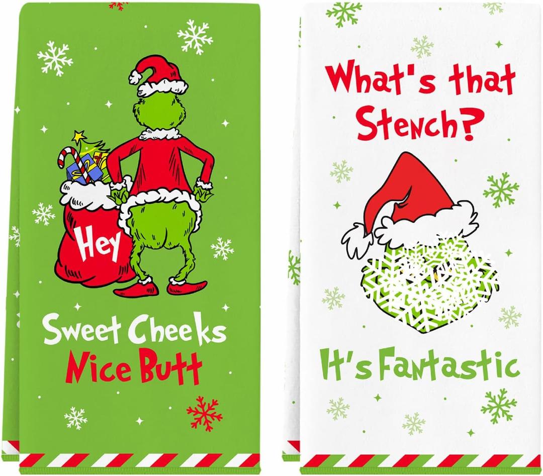 Funny Christmas Hand Towels, 2 Pack Holiday Kitchen Towels, Absorbent Xmas Bathroom Towels, Cute Christmas Home Kitchen Bathroom Decorations, Novelty White Elephant Gifts for Women Men