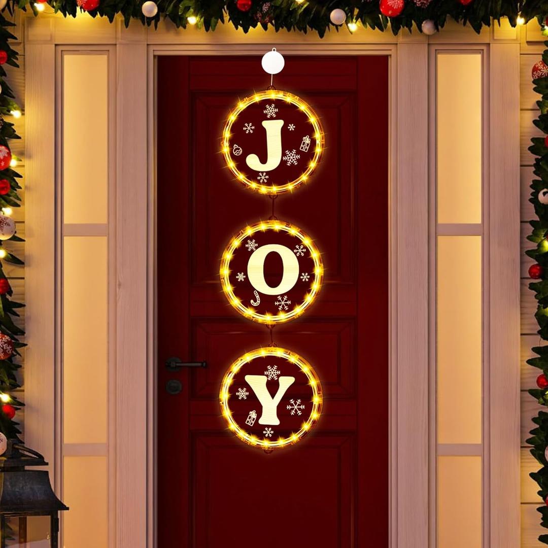 Retisee 3 in 1 Christmas Joy Lights for Front Door, 6.3 Inch Christmas Lights Decorations Battery Operated LED Joy Sign Acrylic Hanging Light for Outdoor Indoor Tree Home Office Shops Holiday