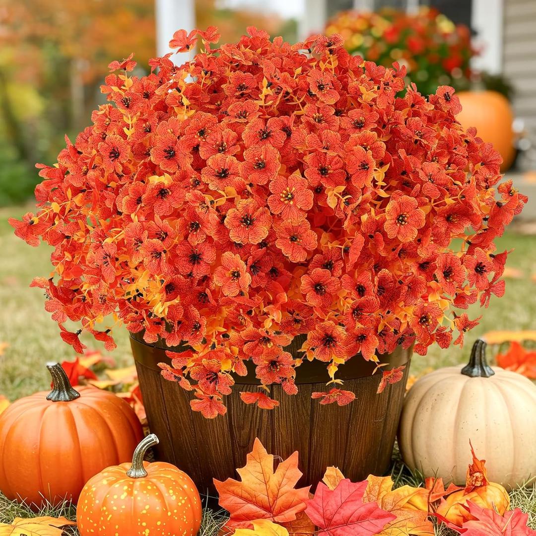 Artificial Fall Flowers Outdoor UV Resistant Fake Mums Bulk Outdoor Faux Mums Plants Plastic Flower Decorations for Home Garden Porch Hanging Planter Vase Autumn Decor Outside, 12 Bundles (Orange)