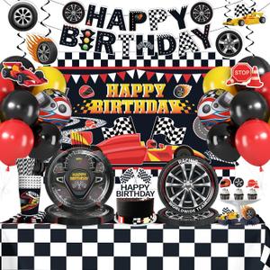 218Pcs Race Car Birthday Party Decorations Tableware Set Serve 25, All-in-1 Cars Birthday Decorations Includes Backdrop Banner Plates Tablecloths Cake Topper Balloons for Race Car Themed Party