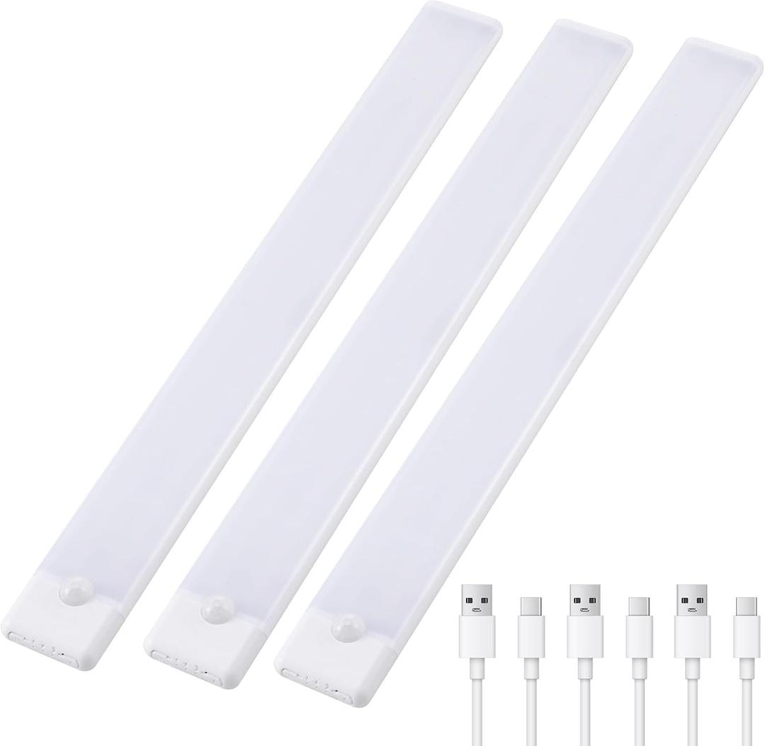Wireless Under Cabinet Lighting 16 Inch 3 Pack, 2200mAh Magnetic Motion Sensor Light USB C Rechargeable Closet Lights, 3 Color Dimmable LED Night Light Stick on Under Counter Lights for Kitchen Stairs