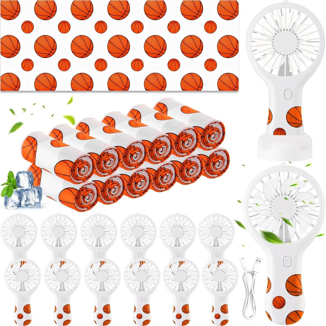 Woanger 24 Pcs Basketball Cooling Towels and Fans Sets Mini Handheld Fans Bulk 3 Speeds USB Lash Towel for Sporting Basketball Gifts for Team Games Party Favor