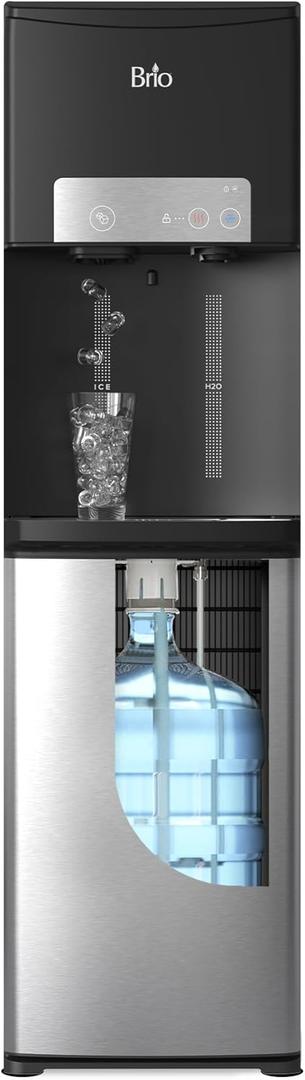 Brio ICE 420 Water Cooler Dispenser for 5 Gallon Bottle with Ice Maker, Bottom Load | UV Self Cleaning Technology, Night Light, Child Safety Lock & 2X Fast Dispense | Black & Stainless