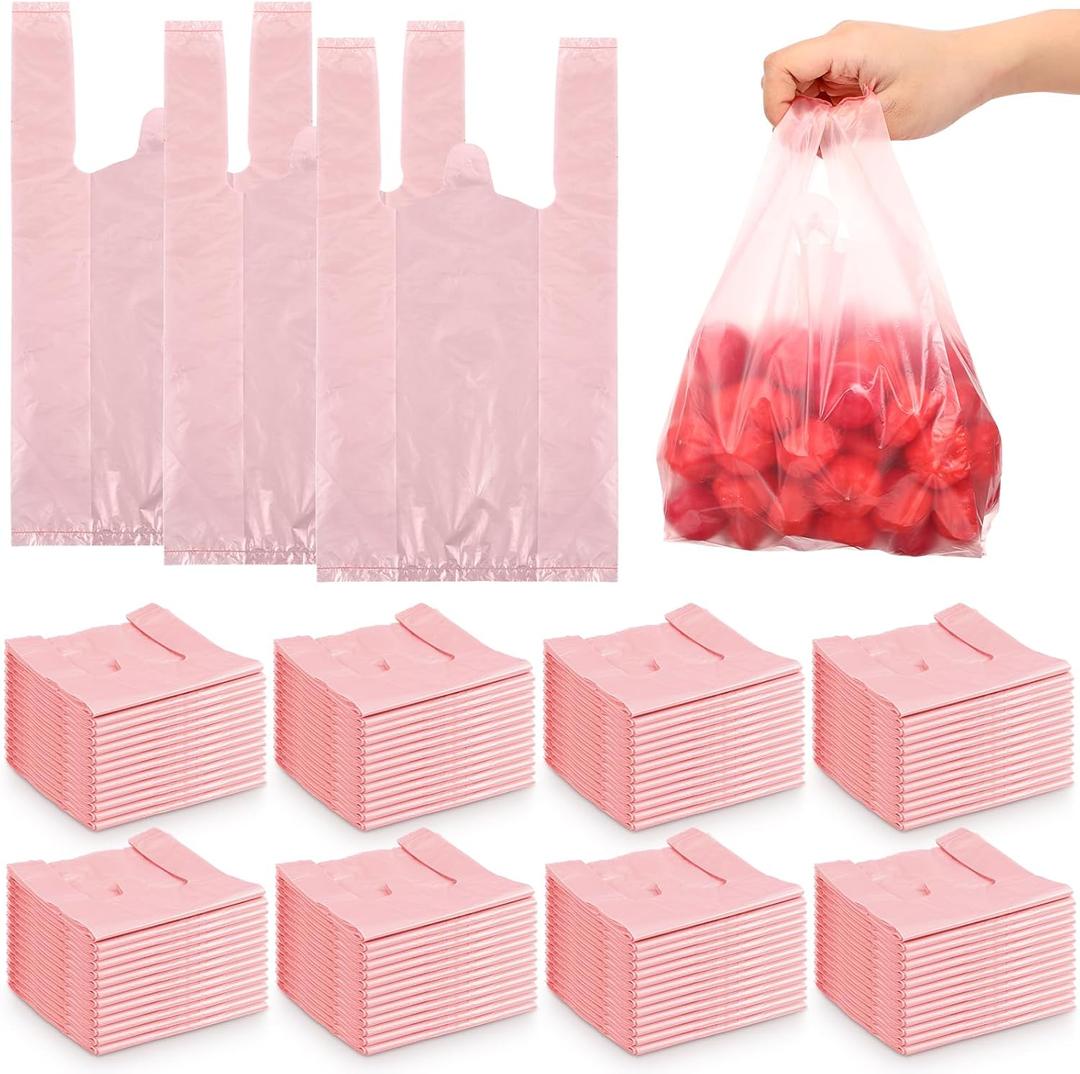 Dunzoom 1000 Pcs Small T Shirt Bags Bulk 7"x3.5"x13" Pink Plastic Shopping Bags with Handles for Small Business, Retail, Grocery, Merchandise, Convenience Store, Supermarket, Restaurant