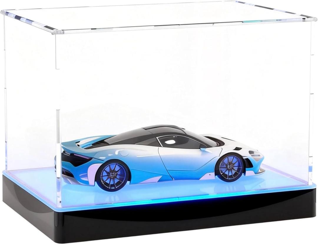 Light Up Acrylic Display Case with RGBW LED Lights, USB Powered with Switch Panel & App Control, Clear Collectible Display Box for 1: 18 Car Models & 1:24 Die-Casting Cars, 13x6.7x6.3 Inch