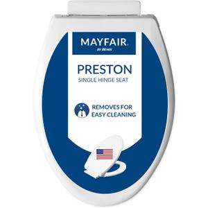 Mayfair Preston Easy to Clean Single Hinge Toilet Seat, Modern Slow Close Plastic Toilet Seat, Made in USA, Elongated, White
