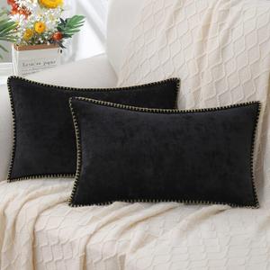 decorUhome Chenille Soft Throw Pillow Covers 12x20 Set of 2, Lumbar Velvet Farmhouse Neutral Decorative Pillow Covers with Stitched Edge for Couch Sofa Bed Home Decor, Black