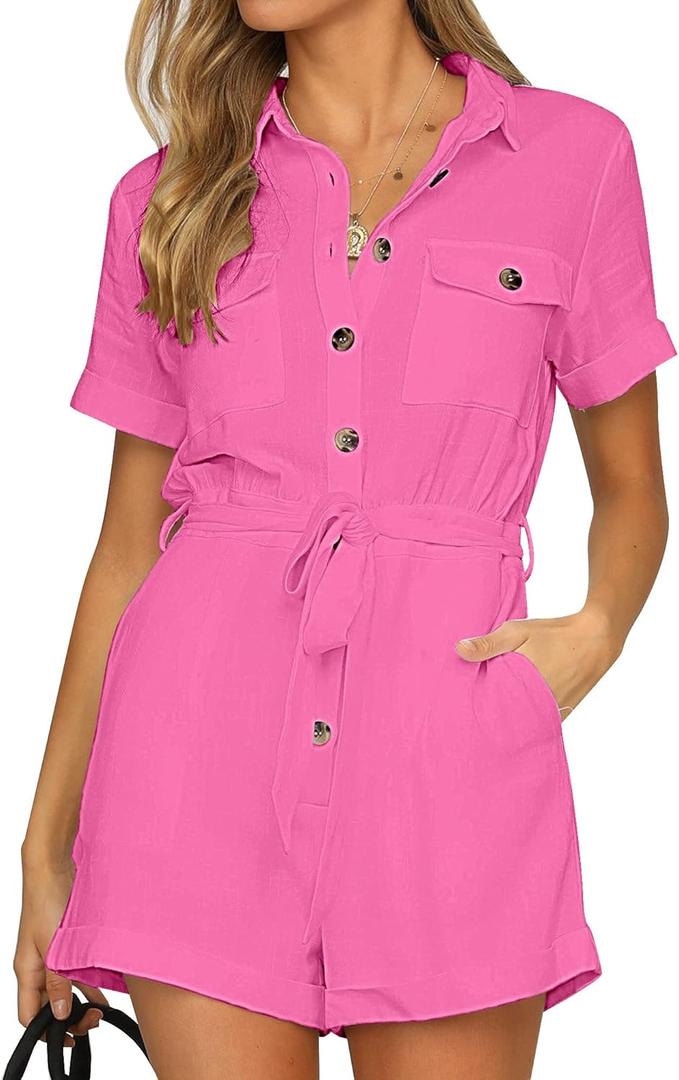 GRAPENT Women's Aurora Pink Summer Button Down 100% Cotton Rompers Casual Short Sleeve Pockets Belted Short Jumpsuits Playsuits for Women, Size Small 