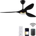 reiga 52 Inch Black Modern Ceiling Fans with Lights and Remote Control, Smart WiFi 3 Blades Quiet DC Motor for Living Room Bedroom Patio Garage, ETL Listed