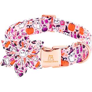 Lionheart glory Halloween Dog Collar with Flower Pumpkin Ghosts Fall Pink Dog Flower Collars Soft Adjustable Collar for Large Dogs Female Cute Bowtie Collars Party