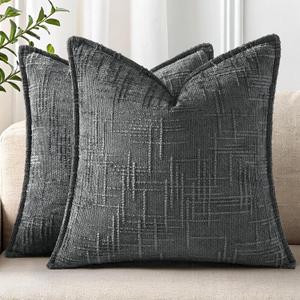 decorUhome Chenille Throw Pillow Covers 20x20 Set of 2, Thick Textured Slubby Neutral Decorative Pillow Covers with Elegant Design for Couch, Sofa, Living Room, Dark Grey