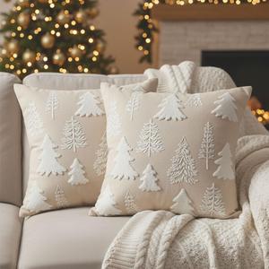 VITASHYNX Christmas Pillow Covers 18x18 Set of 2, Embroidered Christmas Tree Cushion Covers, Cream White Decorative Throw Pillow Covers for Winter Holiday, Xmas Home Sofa Bedroom Decor