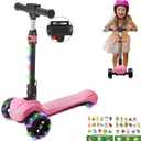 3 Wheel Electric Scooter for Kids Ages 3+, LCD Display, Colorful Lights, Reliable Thumb Throttle, 3 Adjustable Height, 5Mph Safe Speed and Long Range, Foldable Kids Electric Scooter (Pink-02)