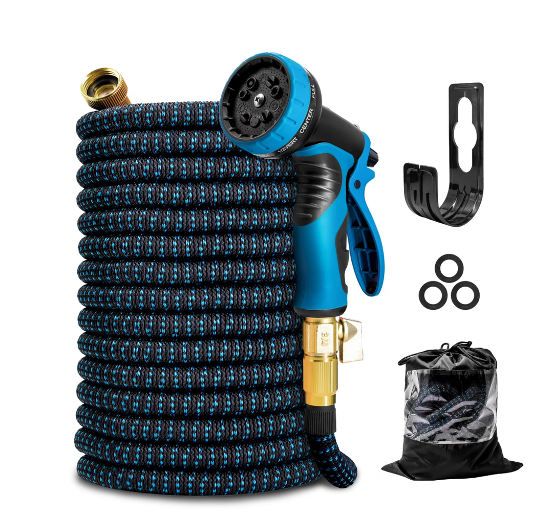 Kotto 100 ft Flexible Garden Hose, Water Hose for Outside with 10 Spray Nozzles, Brass Connector, Leak-Proof, Blue