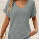 Dokotoo Womens Waffle Knit Tops 2026 Spring Summer V Neck Shirts Casual Trendy Women's Blouses Basic Tee (M)