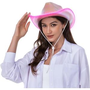 HSCTEK Light Up Holographic Space Cowboy Cowgirl Hat(Updated EL Wire) (One Size, Pink)