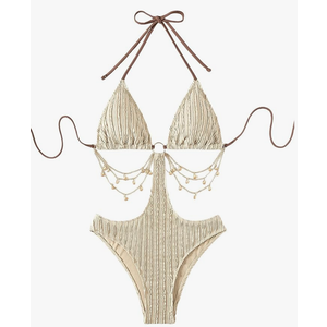 WDIRARA Women's Chain Linked Cut Out Halter One Piece Swimsuit, S