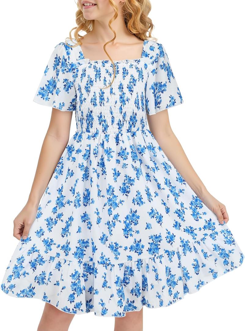 Cubear Ruffle Sleeve Dress for Girls Floral Short-Sleeves Smocked A-Line Dresses Kids Midi Casual Summer Spring Sundress (White)
