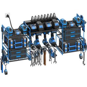 CCCEI Blue Power Tool Organizer Wall Mount, Large Tools and Battery Storage Rack Charging Station Individual Switches. Drills Holder, Garage Utility Shelves with 6FT Power Strip. Gift for Men.