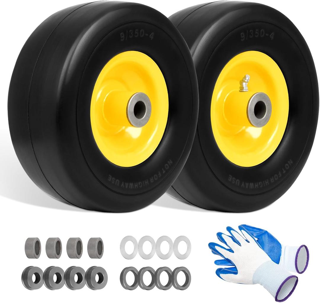 (2 Pack) 9x3.50-4 Flat Free Lawn Mower Tire & Wheel, Replace Scag 48307-02 481774, Exmark Toro 1-513648 103-2171 | Solid Smooth Zero Turn Mower Front Tires, 3/4" & 5/8" Bushings, Spacers Included