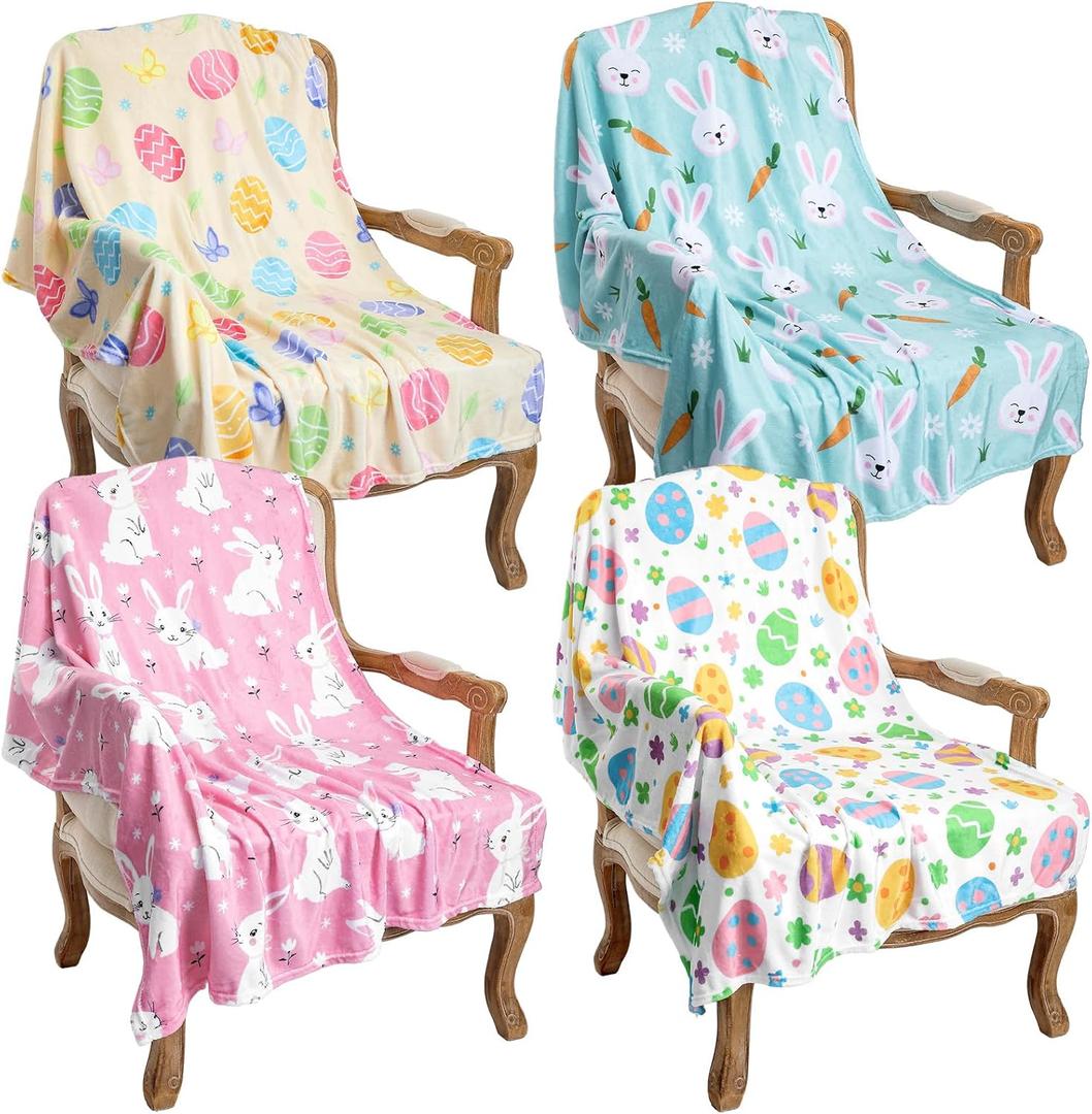 Buryeah 4 Pcs Easter Blankets Eggs Rabbit Throw Blanket Soft Cozy Lightweight Flannel Blanket Warm Colorful Easter Gifts for Couch Chair Sofa Bed and Travel 40x50 Inch